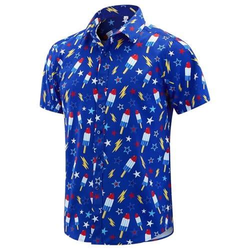 EUOW American Flag Button Down Patriotic Hawaiian Shirts for Men Short Sleeve USA 4th of July Shirts (Hawaiian-Navy Blue L)