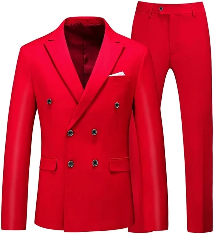 Generic Men's Casual Business Double Breasted Suit Coat 2 Piece Set Male Solid Color Slim Fit Blazers Jacket Pants Trousers