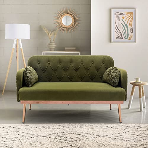 Homjoones 55.12" Accent Sofa, Mid Century Modern Velvet Fabric Couch, Convertible Futon Sofa Bed, Recliner Couch Accent Sofa Loveseat Sofa With Gold Metal Feet (Green) #TOP1