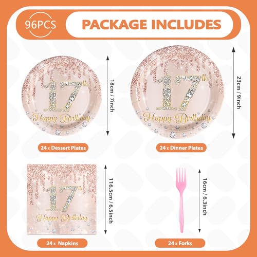 Image of Greencian 96 Rose Gold Glittery 17th Birthday Party Supplies Serves 24 | Rose Gold 17 Years Old Plates and Napkins Glittery 17th Birthday Tableware Set for Girls Seventeen Birthday Party Decorations