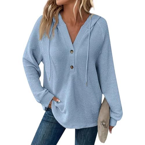 Hoodies for Women Oversized Waffle Knit Button Down Shirt Flowy Long Sleeve V Neck Henley Shirts Crochet Slouchy Lightweight Hoodie Tunic Pullover Sweaters Tops Plus Size Waffle Knit Tops Sweatshirts