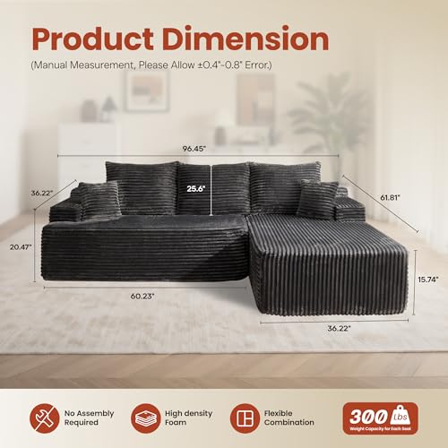 Image of ovios 96 inch Cloud Sectional Couch with L-Shape Chaise,Modern Modular Sofa with Deep Seat, Upholstered Couches for Living Room Bedroom,No Assembly Required, Grey (Plush Corduroy Fabric)