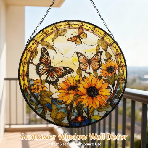 image for LOTIKOU 9.84'' Sunflower Stained Glass Window Hanging, Butterfly Stain