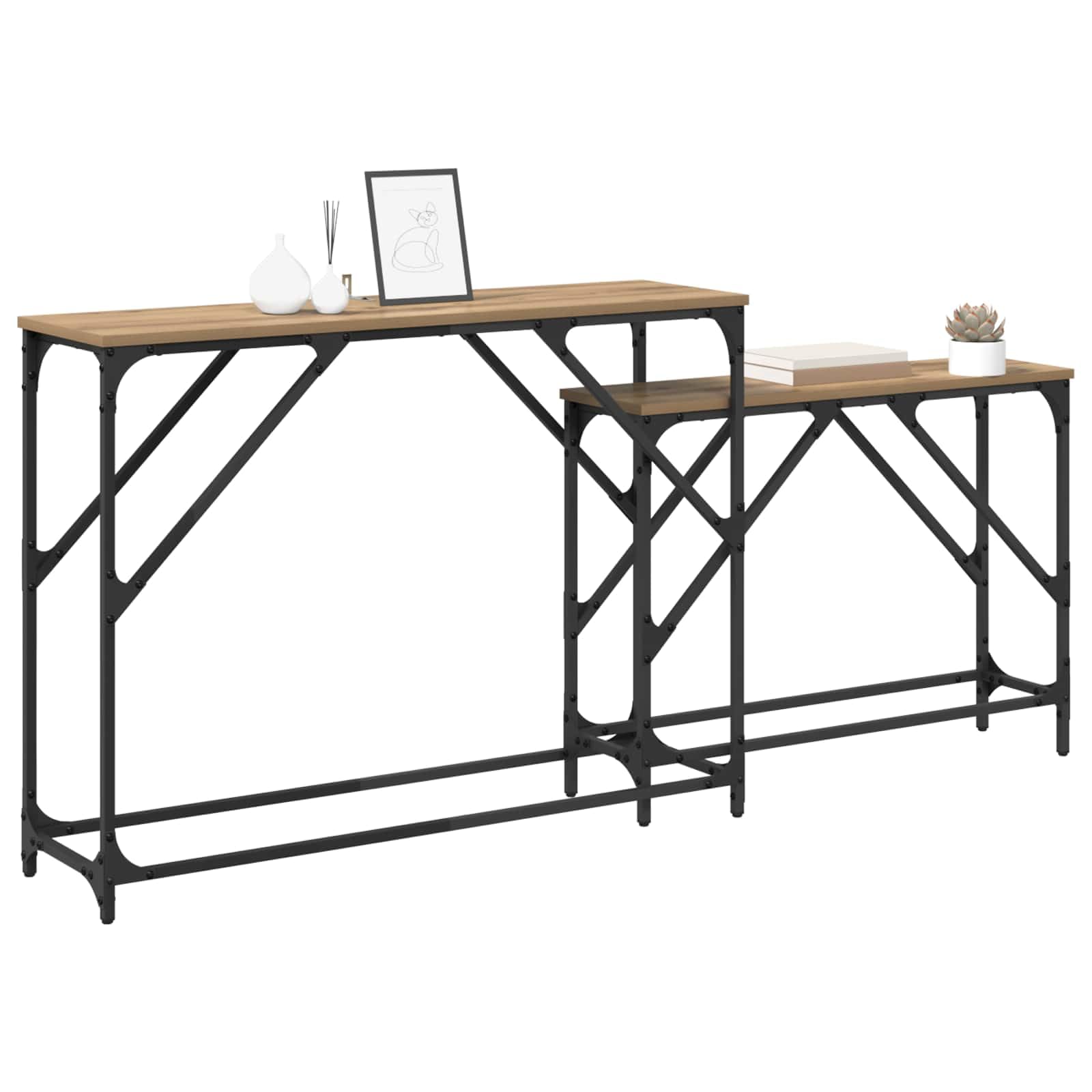 Konsola z drewna konstrukcyjnego z czarną metalową ramą, 2 szt., 100 x 28 x 75 cm, nowoczesny design do salonu lub przedpokoju