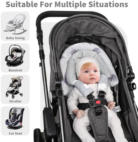 Baby Car Seat Head Support with Extra Headrest, 2-in-1 Babybody Supports with Shoulder Pads Set for Newborn, Adjustable Infant Car Seat Insert Compatible with Stroller, Baby Swing, (Grey Elephant) - 3