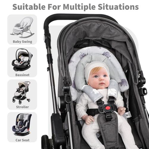 Image of Baby Car Seat Head Support with Extra Headrest, 2-in-1 Babybody Supports with Shoulder Pads Set for Newborn, Adjustable Infant Car Seat Insert Compatible with Stroller, Baby Swing, (Grey Elephant)