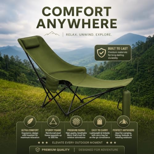 Image of Folding Reclining Lounge Chair with Adjustable Backrest, Metal Frame & Fabric Seat | Portable Outdoor Camping Chair with Carry Bag for Patio, Garden & Travel