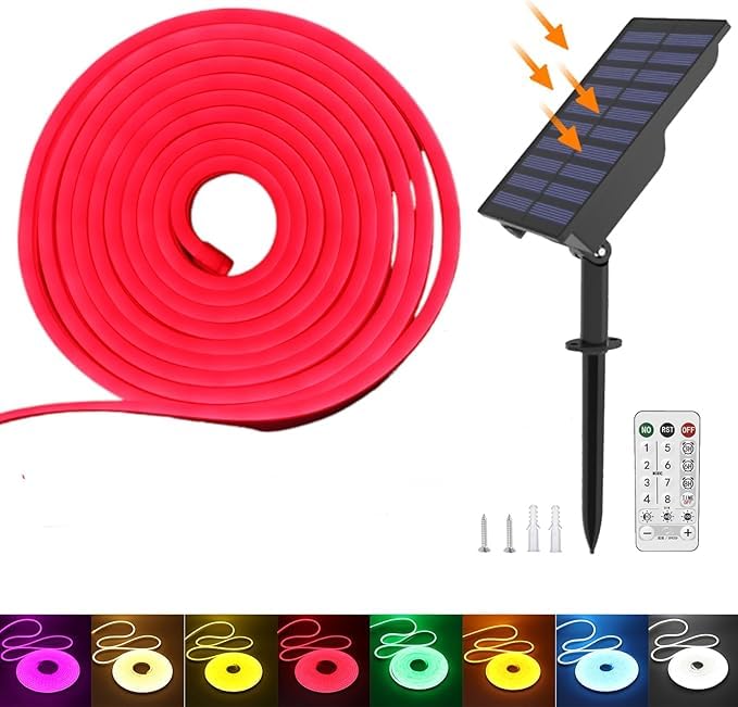 KISUFU Solar Energy Neon LED Ribbon, 24V Neon LED Strip Light IP65 Waterproof Silicone with 1.5w Solar Rechargeable Wall Mount USB Controller for Garden, Outdoor Yard Party Decoration