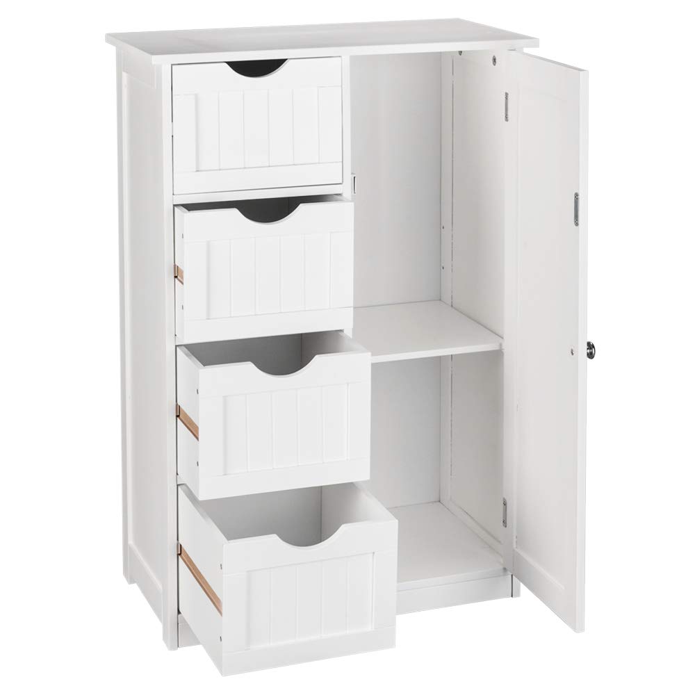 Bonnlo Bathroom Floor Storage Cabinet Cupboard, Bathroom Storage Unit with 4 Drawers & 1 Door - Adjustable Shelf, Bathroom Cabinet Freestanding for Living Room Kitchen Hallway, 56x30x80cm, White
