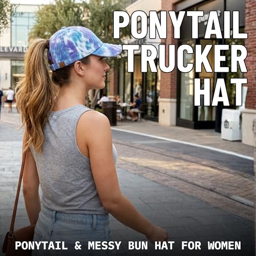 Image of Funky Junque Womens Baseball Cap Dad Hat Ponytail Messy Bun Trucker Ponycap