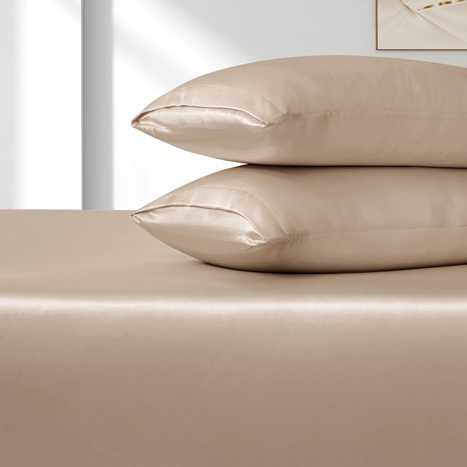 VACVELT 3pcs Extra Deep Pocket Satin Fitted Sheet Set King Bed Set, Beige Bottom Sheet Fit 18-24 Inch Deep Pocket Mattress, Silky Bedding Set Soft & Ultra Deep Fitted Sheet & 2 Pillowcase