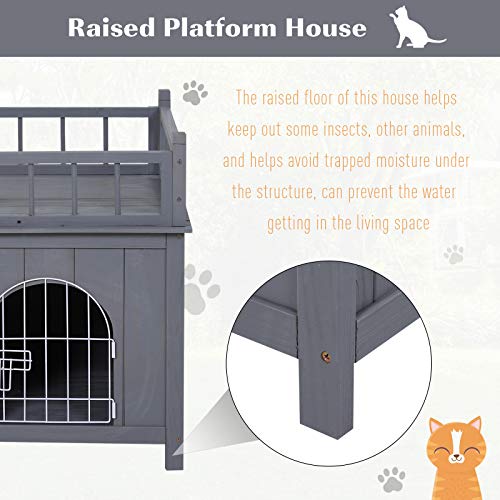 PawHut 2-Level Wooden Cat House, Outdoor Dog Shelter Cat Condo with Lockable Wire Door and Balcony, Grey - Image 6