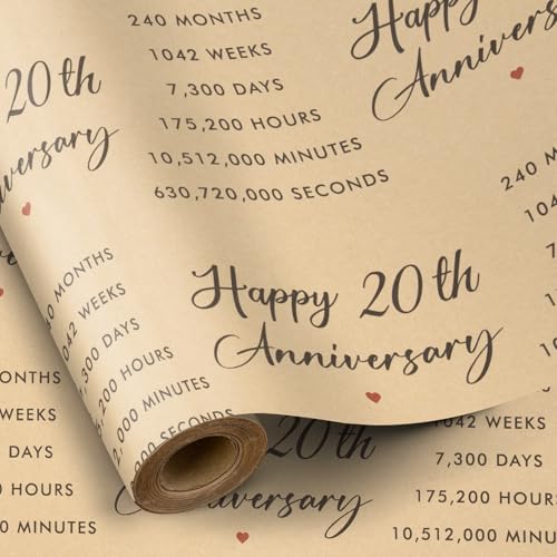 RUSPEPA Rollo De Papel De Regalo Para Bodas En China - 43,2 Cm X 5 M - Patrón "Feliz 20 Aniversario" En Papel Kraft Duradero Para El 20 Aniversario Y Ocasiones Especiales