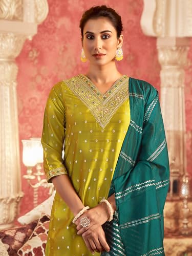Image of Sanisa Women's Silk Blend Jacquard Straight Kurta with Pant and Dupatta Set