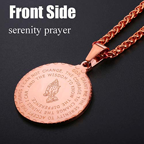 U7 Men Women Rose Gold Plated Bible Verse Prayer Necklace With 22" Rope Chain Christian Serenity Jewelry Praying Hands Coin Medal Pendant #TOP2