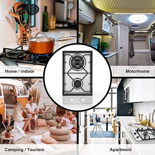 12 Inch Gas Cooktop With 1.5 Volt Battery, Portable 2 Burners Gas Stove Top In Stainless Steel, Dual Fuel Gas Hob, Lpg/Ng And Easy To Clean For Rvs, Apartment, Outdoor #TOP2