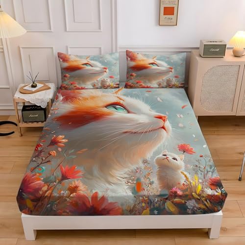 ボックスシーツ クイーン 猫柄 ベッドカバー 160 200 ソフトマイクロファイバーマットレスカバー 5〜30cmのマットレスに適しています 通気性・速乾性 着脱簡単 洗えるシーツ 枕カバー2枚付き 43 63 花
