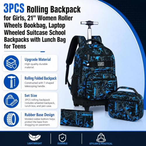 Image of 3Pcs Rolling Backpack for Boys Men, Travel Roller Backpacks with Wheels for Adults, Teens College Graffiti Wheeled Bookbag with Lunch Box(Blue)