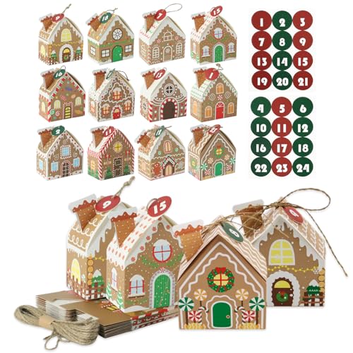 FEMONGY Adventskalender zum Befüllen mit 24 bunten Falt-Schachteln in 12 Hausformen