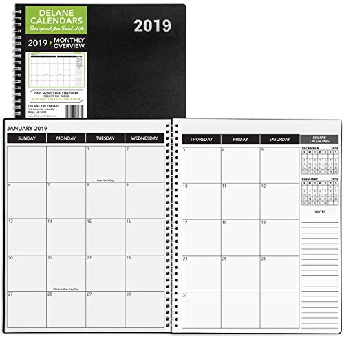 Delane 2019 Monthly Daily Planner Calendar / Appointment Book, Black Cover, 8.5 x 11