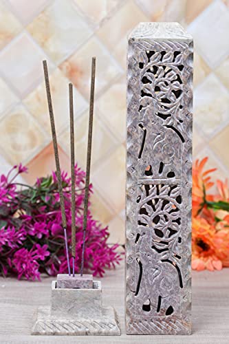 Crocon Handmade Soapstone Incense Stick Tower Candle Burner Elephant Leaf Design Incense Tower Burner | Tea Light Holder | Living Room Decor Kitchen Home Fragrance Decorative Gift Size - 11X3X3 Inch #TOP1