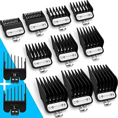 Professional set of 12 semi-metal black clipper guards, compatible with most Wahl clippers and ranging from 1/16" to 1", along with left and right ear combs included