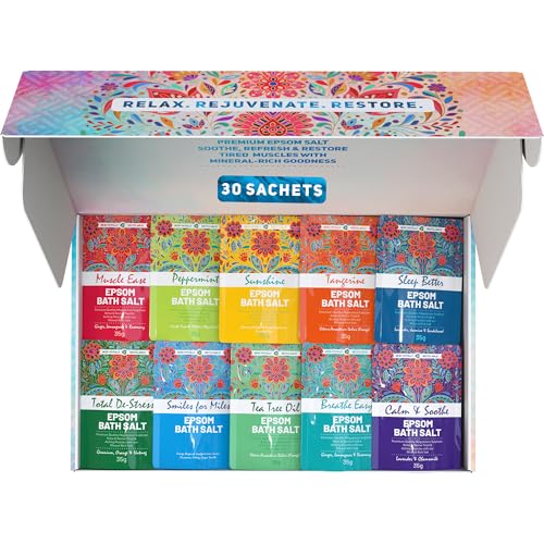 Scented Epsom Bath Salts Gift Set – 30 x 35g Sachets | Assorted Fragrances with Essential Oils | Relaxing Bath & Foot Soak | Natural Magnesium Sulphate for Stress Relief, Sleep & Muscle Recovery