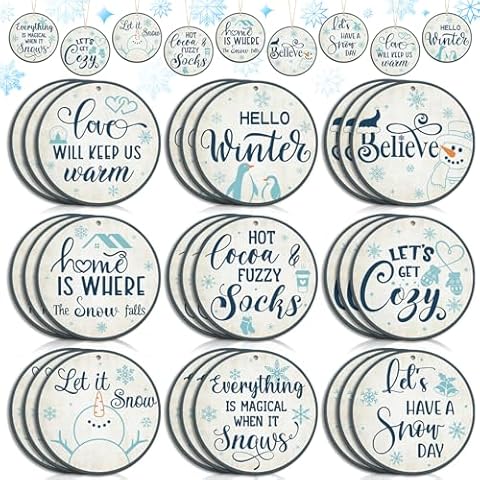Quzzil 36 Pcs Winter Wooden Ornaments Blue and White Winter Decorations for Mini Tree Snowman Penguin Snowflake Small Wood Hanging Sign Welcome Winter Cutouts Tags Gifts for Tree Decor Cover