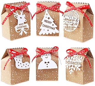 VEYLIN 24 Pack Christmas Kraft Gift Boxes for Xmas Party Decoration with 24 White Tags and Ribbon Ties (Assorted 6 Styles)