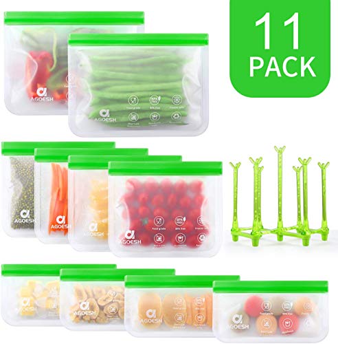 Silicone Food Storage Bag,Reusable Washable Storage Bag for Sandwich,Vegetable,Fruit,Liquid,Snack（2xLarge, 4xMedium,4Small,1Dryer Rack) 11Pack