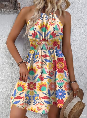 Image of BLENCOT Womens Summer Beach Halter Neck Dresses Casual Smocked A Line Floral Mini Dress with Pockets