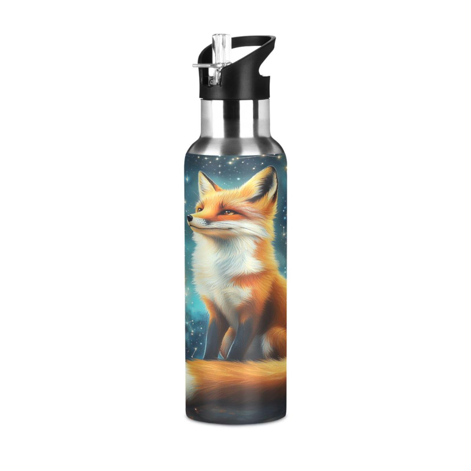 Fox Sitting Galaxy Sports Water Bottle with Straw Lid Boys Girls Vacuum Insulated Water Flask Leakproof Stainless Steel School Sport 20 Oz