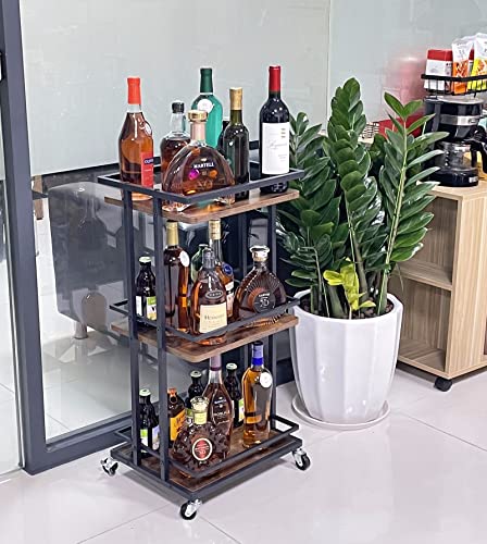 Okzest 3 Tier Bar Cart For Home, Rolling Mini Liquor Bar For Wine Beverage Dinner Party, Utility Kitchen Storage Island Serving Cart On Wheels, Coffee Bar Cabinet For Kitchen Dining Living Room, Brown #TOP2