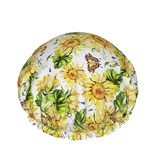 Sunflower Butterflys Shower Cap Women Double Layer Waterproof Bath Cap Eva Lining Design For All Hair Lengths