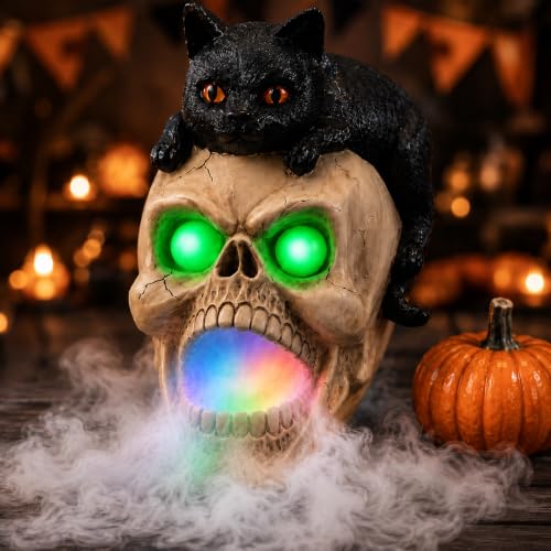 Estatua de Calavera de Halloween con Gato Negro, Máquina de Humo con Ojos LED que Brillan, Centro de Mesa Gótico de Resina de Mármol Artificial Pintada a Mano para Repisa miniatura 5