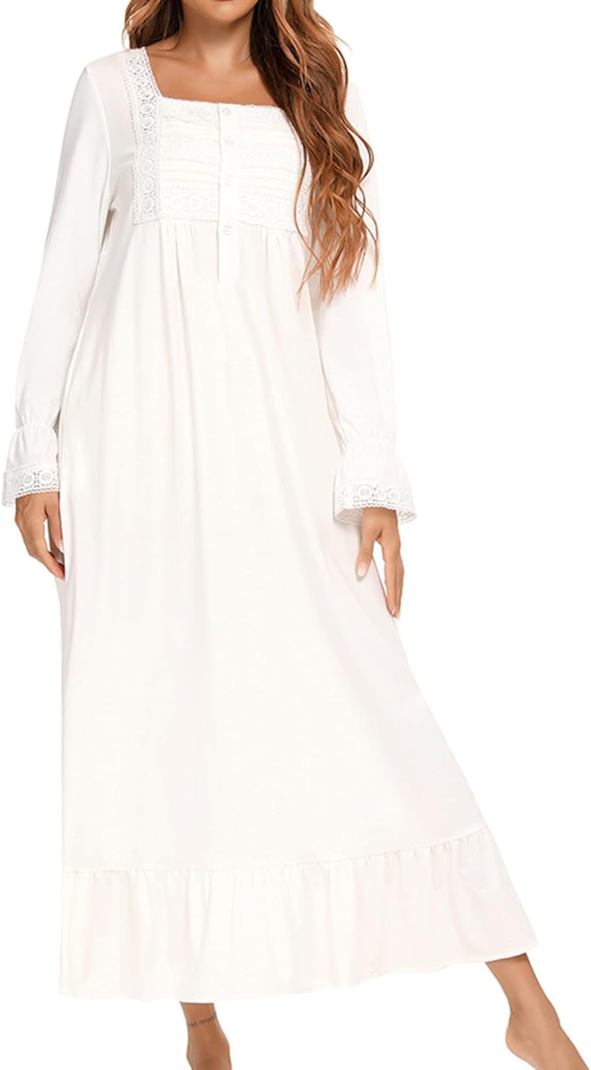 Women's Cotton Nightgown Long Sleeve Nightgowns Victorian Vintage Autumn Night Shirt - Image 4