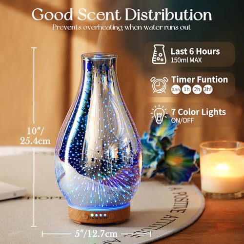 Porseme Essential Oil Diffuser 3D Glass Aromatherapy Ultrasonic Humidifier Cool Mist, Auto Shut-Off, Timer Setting, BPA Free for Home Office Hotel Yoga Gym Leisure SPA Gift 100ml — view 3