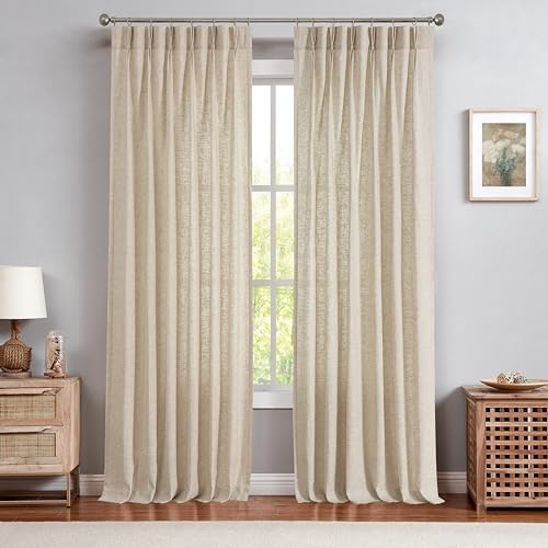 Linen Pinch Pleated Semi Sheer Curtain Panels Textured Window Treatment 95 Inch Drape Linen Blend Farmhouse Rustic for Living Room Bedroom, 34″x95″x2