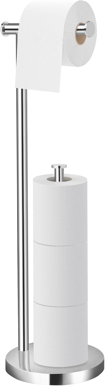 Toilet Paper Holder Stand White Chromium, Rustproof & Waterproof Free Standing Toilet Paper Roll Holder