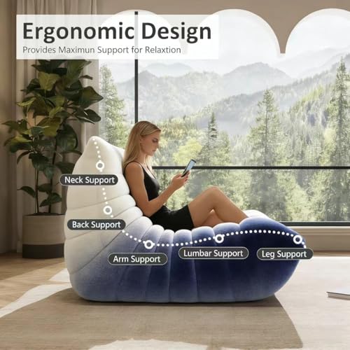 Image of Bean Bag Chairs for Adults, Memory Foam Reading Bean Bag Sofa Chair with Faux Fur Filler, Fireside Floor Gaming Chairs for Living Room, Bedroom and Office (White&Blue, Single)