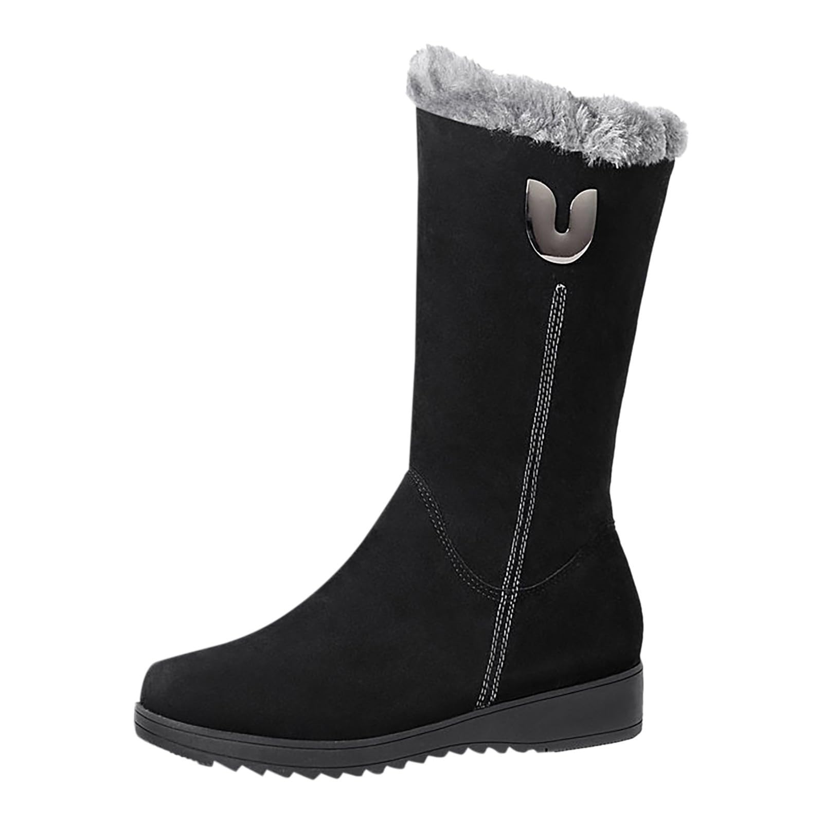 Womens Winter Snow Boots Fuzzy Mid Calf Warm Suede Booties Riding Combat Plush Lined Zipper Fashion Metal Buckle