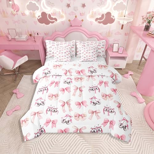 Feelyou 7 Pieces Pink Bow Comforter Set Twin Size for Girls Kids Princess Dreamy Bow Bedding Set Cute Bowknot Fairy Tale Quilt?Comforter+Fitted Sheet+Flat Sheet+2 Pillowcases+2 Throw Pillow Covers?
