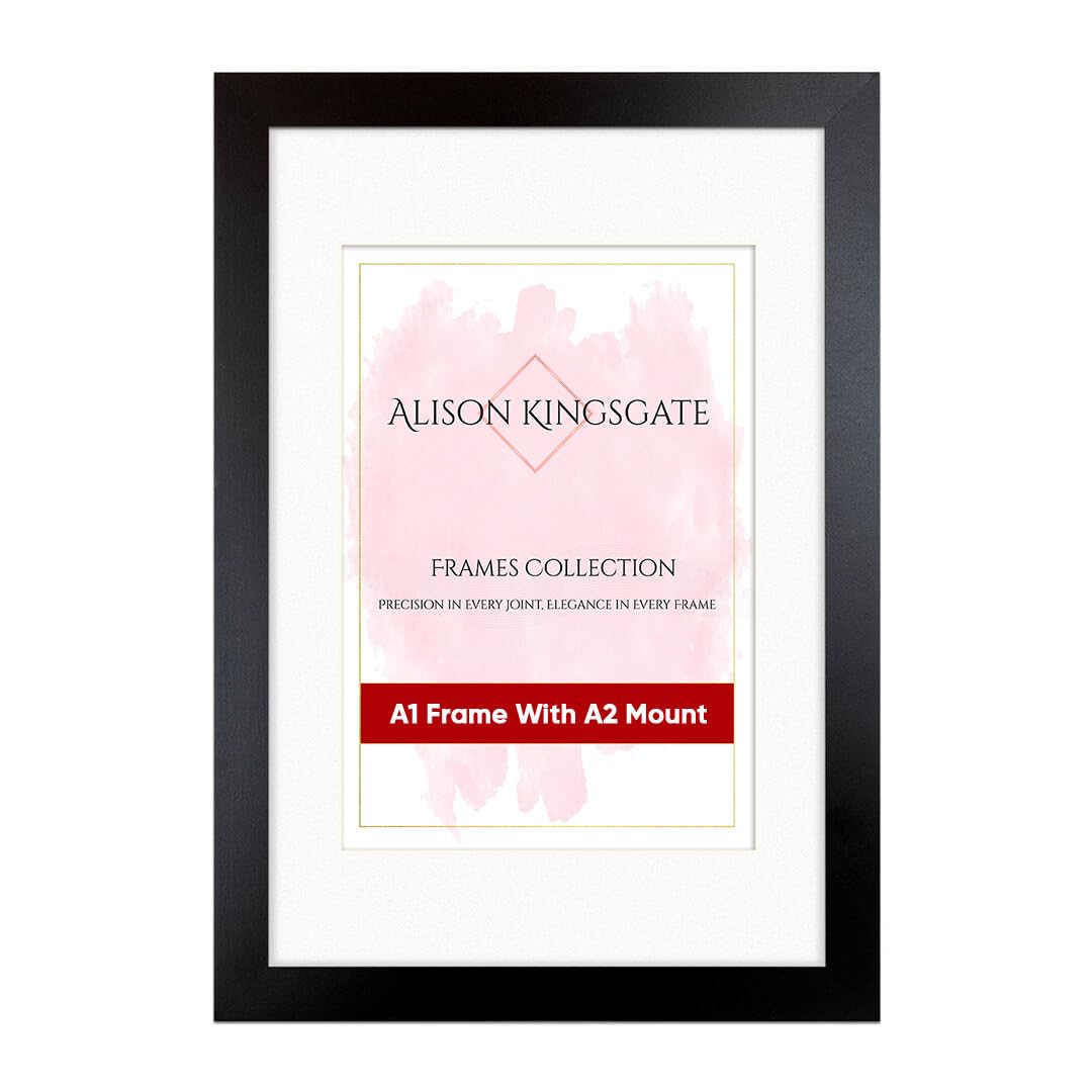 Alison Kingsgate A1 Matte Black Picture Frame with Mount for A2 Photo - Engineered Wood Photo Frame with Precision Cut Cardboard Mount - Ideal for Posters - Sizes & Colours Available โ image 1