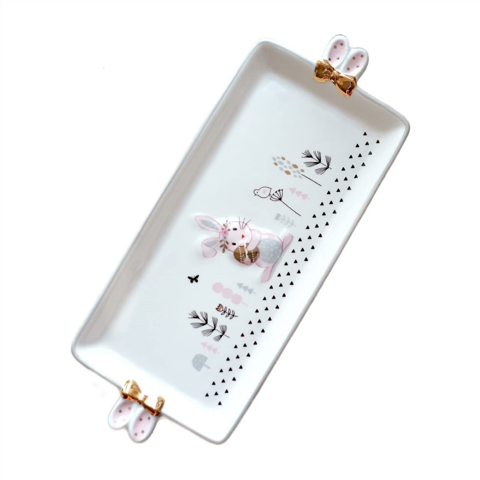 Plateau de service rectangulaire en céramique motif oreilles de lapin pour repas chaud