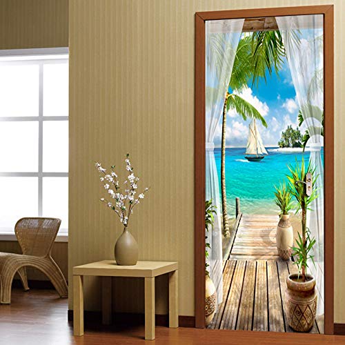 ADYNL Sticker Porte 3D Trompe l'oeil Balcon Voile Vue Mer Autocollant Poster De Porte Auto-Adhésif Vinyle Affiche De Porte Sticker Mural Chambre Salle De Bain Papier Peint Art Décor 77X200Cm