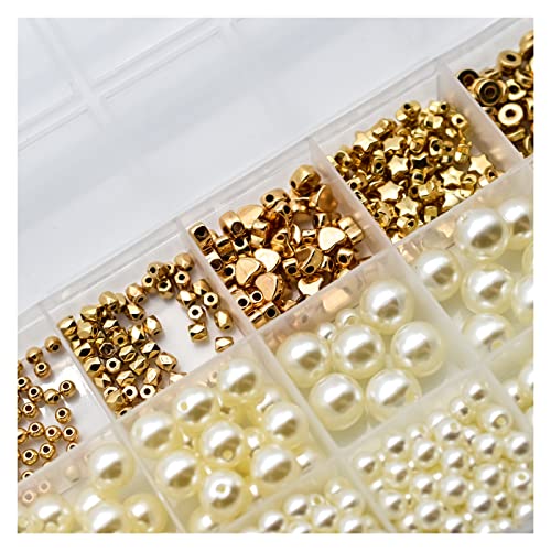 Skyzone Beads for Jewelry Making,Bead Making Kit,720 PCS White Pearl Beads and Gold Ball Heart Star Flat Spacer Beads Making Kit for DIY Necklace Bracelet Earring DIY Crafts(10 Different Design)