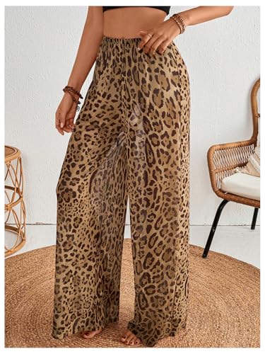 MakeMeChic Women's Leopard Print Pants Elastic Waist Lounge Pants Wide Leg Loose Long Pajama Pants4