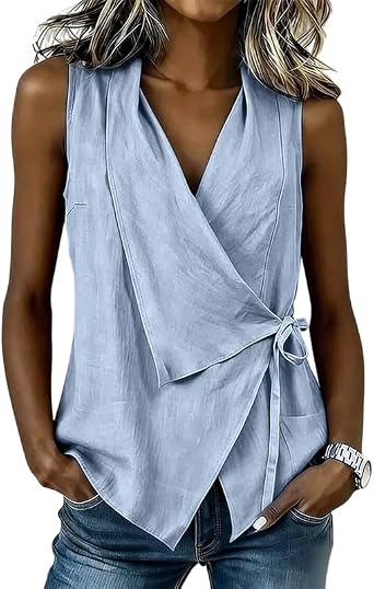 Womens V-Neck Crisscross Tie Lace Up Irregular Tank Top Sleeveless Casual Regular Fit Spring Summer Daily Blouse