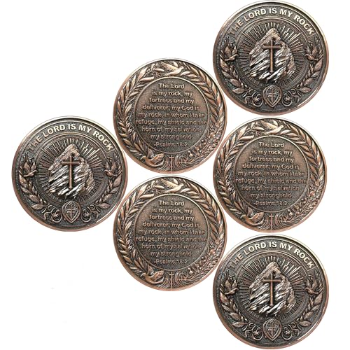 LZWIN Inspirational Christian Challenge Coin - The Lord is My Rock - Zinc Alloy, 1.57 Inch Diameter, Psalms 18:2 Scripture, Protective Case Included (Pack of 6)