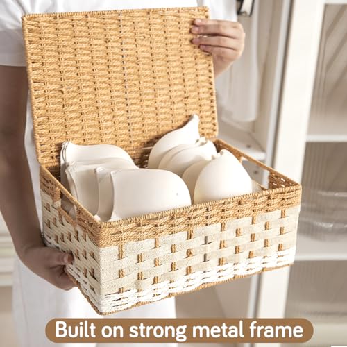 Image of HOKIPO Baskets for Clothes with Lid Set of 2 (Large & X-Large) | Foldable Cloth Storage Basket for Wardrobe | Storage Box with Metal Frame & Handles | Closet Organizer Basket for Clothes (AR-6164)